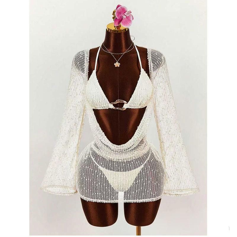 Women's Clothing Women's Sexy Three Piece Swimsuit Set Cover Up Heart Shaped Cutout Bikini Swimwear Quick-Dry Polyester_ecoleips.com
