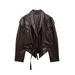 Trendy Faux Leather Belted Jacket For Women - V-Neck, Long Sleeve, Streetwear Chic (XS/S/M/L, Black & Dark Brown)_ecoleips.com