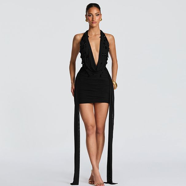 Spring/Summer Women's Sexy Deep V Neck Halter Neck Dress American Style With Water Drop Decoration Exposed Backpack_ecoleips.com