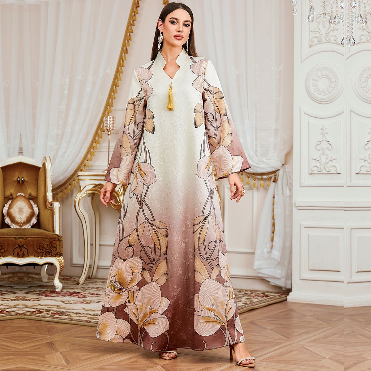 Muslim Dress Women Elegant Printed Maxi Dress – Floral Embroidery Long Sleeve Abaya, Lightweight Polyester, Modest & Stylish For Everyday Wear_ecoleips.com