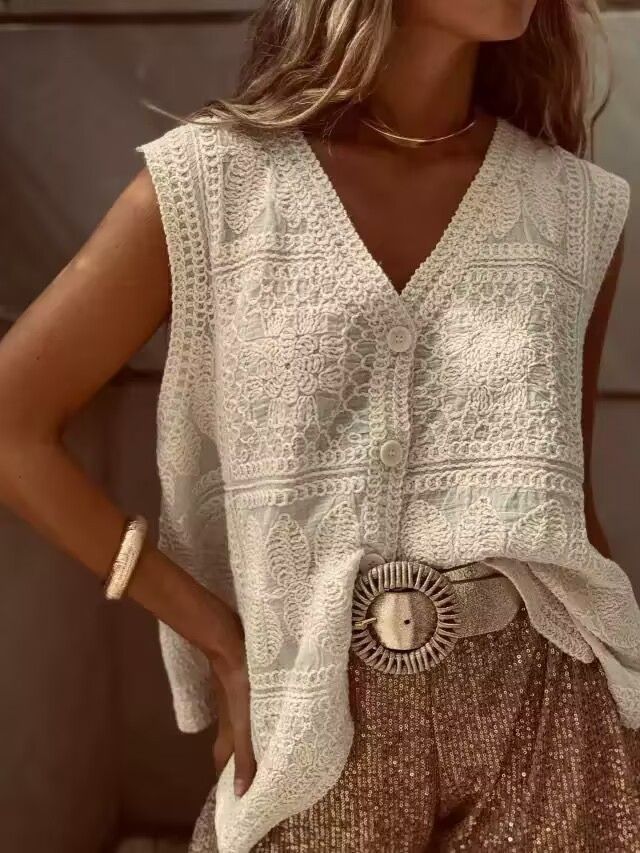 Women's Clothing Spring And Summer New Crochet V Neck Vest Jacket Women's Sleeveless Vest Knitted_ecoleips.com