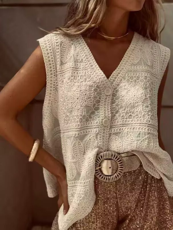 Women's Clothing Spring And Summer New Crochet V Neck Vest Jacket Women's Sleeveless Vest Knitted_ecoleips.com