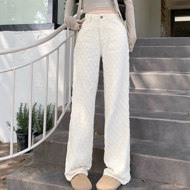 2025 Design-Driven White High-Waisted Diamond Pattern Jeans For Women, New Jacquard Slimming Wide-Leg Floor-Length Pants_ecoleips.com