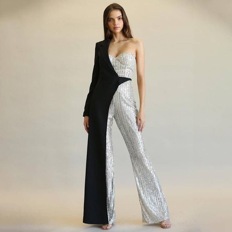 Women's Clothing Silver Splicing Sequins One Shoulder Fashion Sequins Jumpsuit_ecoleips.com