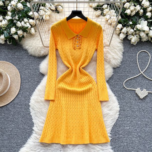 Elegant High-Waisted Knit Dress With Floral Lace Detail - Vintage-Inspired Long Sleeve Wrap Dress For Women_ecoleips.com