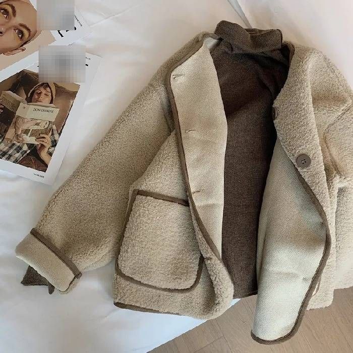Faux Shearling Jacket – Women’s Oversized Round-Neck Fall Coat, Soft Fleece-Like Polyester Outerwear (Khaki/Black/Cream, M-3XL)_ecoleips.com