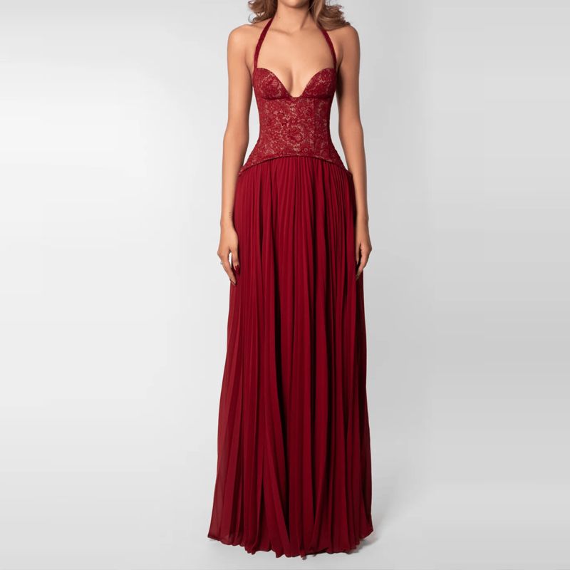 Women's Sexy Embroidery Splicing Solid Gown Fashion Pleated Slim Folded Party Dress Elegant Low-Neck Sleeveless Waist Long Dress_ecoleips.com