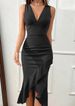 Verve 2025 New Women's Bodycon Swallowtail V-neck Sexy Split Ruffle Dress_ecoleips.com