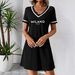 European And American Cross-border Women's Summer Elegant Black V-neck Casual Short-sleeve Letter Dress Q31 Print_ecoleips.com