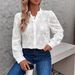 Women's Elegant V Neck Long Sleeve Shirt Semi Transparent Solid Color Button up Top Lace Texture Design All Seasons_ecoleips.com