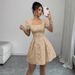 Women's Clothing Summer Elegant Jacquard Dress Slim Fit Square Neck Puff Sleeve A-Line American Style Solid Color_ecoleips.com