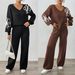 Women's Autumn Winter Casual Outfit Floral Embroidery Ribbon V-Neck Sweater Straight Pants Two-Piece Set_ecoleips.com