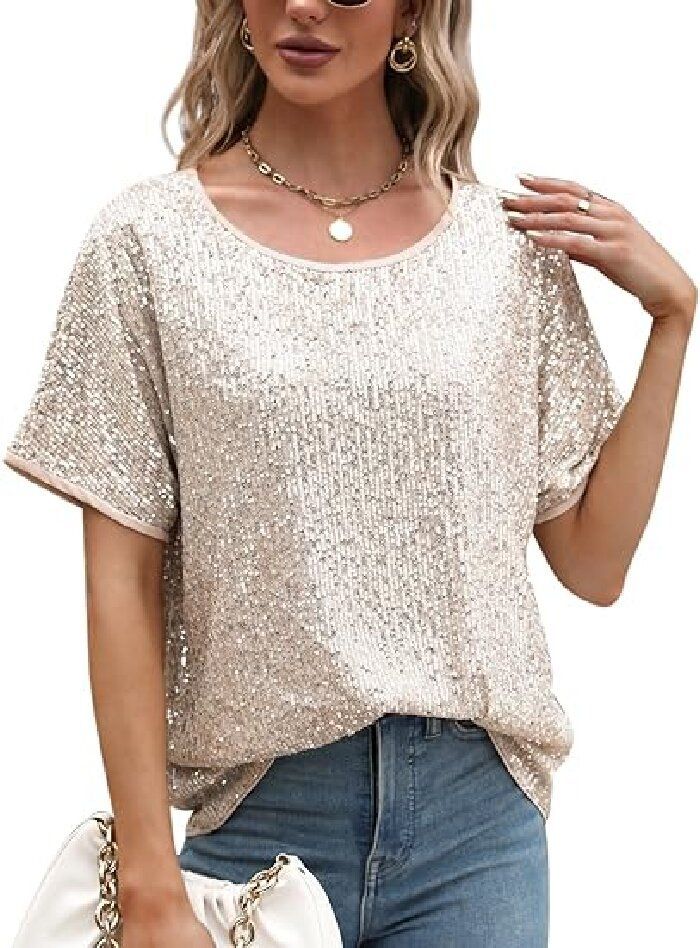 Women Sequin Deep V Neck One Shoulder Short Sleeve Loose Casual Dress Fashion Glitter Sparkle Evening Party Cocktail Dress_ecoleips.com