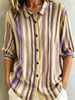 Women's Clothing Women's Color Block Striped Shirt Lapel Single Breasted Mid Sleeve Top_ecoleips.com