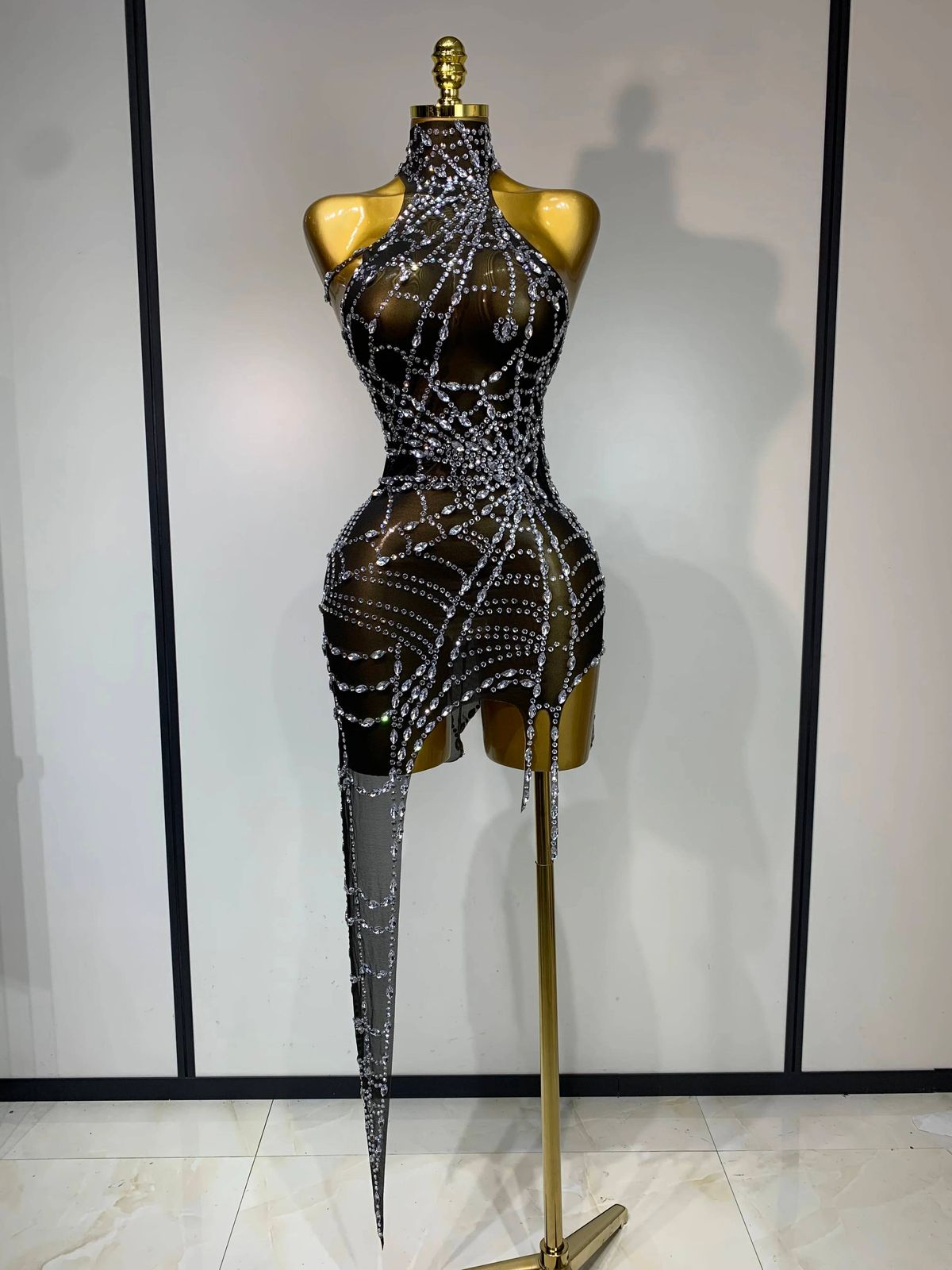 Women Luxury Mesh See Through Crystal Diamond Bodycon Dress Sexy Evening Party Club Nightclub Dress Singer Stage Costume IR8_ecoleips.com