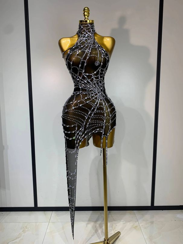 Women Luxury Mesh See Through Crystal Diamond Bodycon Dress Sexy Evening Party Club Nightclub Dress Singer Stage Costume IR8_ecoleips.com