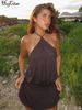 Hugcitar Fashion Solid Halter Sexy Sleeveless Backless Lace Up Patchwork Lace Mini Dress Summer Outfit Vacation Party_ecoleips.com