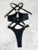 Sexy Black Ring Bikinis One Piece Cross Hollow High Waist Bathing Suits Biquini Back Tie Swimwear Women Beach Monokini Beachwear_ecoleips.com