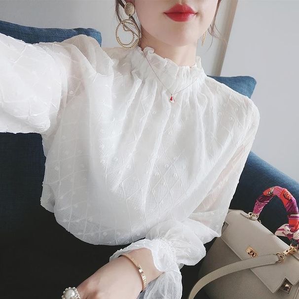 White Chiffon Blouse Women, Spring 2026 New Stylish High-neck Top, High-end Ladies' Shirt For Job Interview Season,_ecoleips.com