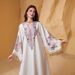 Elegant V-Neck Embroidered Abaya Dress With Fringe Detail – Flowy Muslim Long Dress For Women (Pink, S-XXL)_ecoleips.com