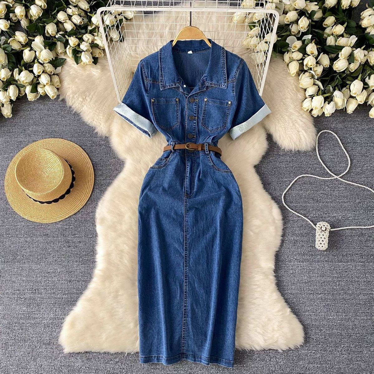 Women's Clothing Summer Belt Slim Split Design Temperament Long Skirt_ecoleips.com