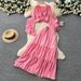 Women's French Style Pink Ruffled Bell Sleeve V Neck Shirt And High Waisted Tiered Skirt Two Piece Set For Resort Slimming Spring_ecoleips.com