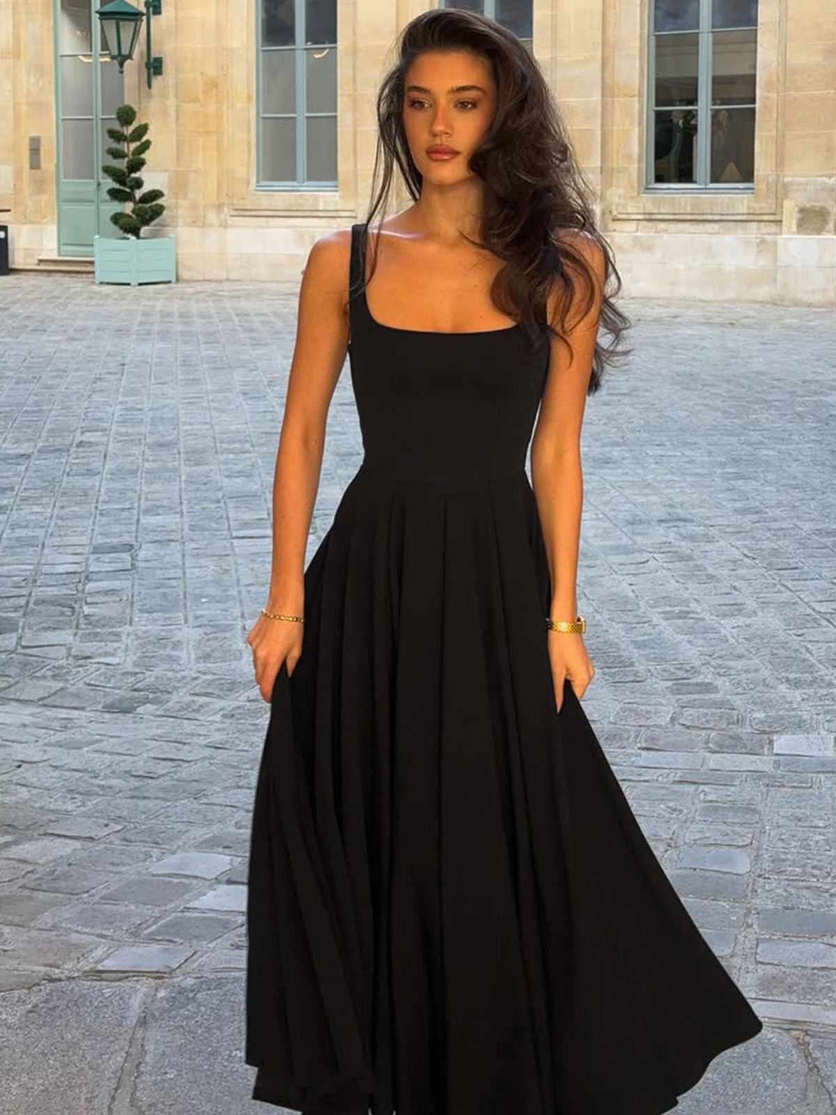 Hugcitar Elegant Square Collar Straps Backless Sexy Slim Pleated Midi Dress Summer Women Fashion Clothes Birthday Party Vacation_ecoleips.com
