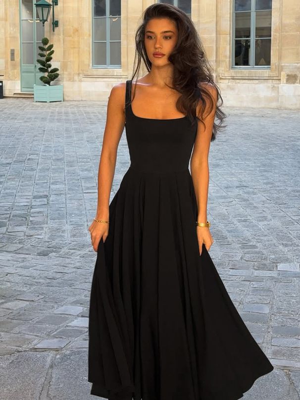 Hugcitar Elegant Square Collar Straps Backless Sexy Slim Pleated Midi Dress Summer Women Fashion Clothes Birthday Party Vacation_ecoleips.com