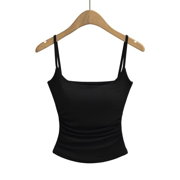 Women's 2024 Summer New Style Ruched Waist-Cinching Camisole With Chest Pads, Short Slim-Fit Top For Layering Or_ecoleips.com