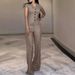 Women's Clothing High End Pure Color Temperament Sleeveless Collar Tops Casual Straight Pants Suits_ecoleips.com