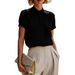 Women's French-Inspired Stand Collar Blouse Casual Work Shirt Short Sleeve Elegant Top_ecoleips.com
