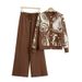 Effortless Elegance Women's Two-Piece Set – Knit Cardigan With Wide-Leg Pants & Metallic Buckle Detail (Brown/Bluish/Black, One Size Fits Most)_ecoleips.com