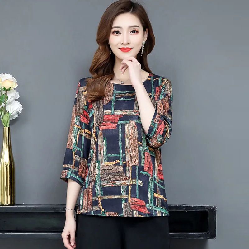 Printed Fashionable And Elegant Top Pullover, Mid-Sleeve 2026 Five-Sleeve Spring/Summer/Autumn Base Shirt For Moms_ecoleips.com