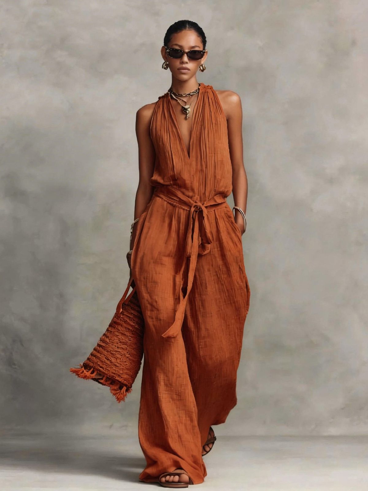 Women's Clothing Women's Casual Cotton Blend Jumpsuit Sleeveless Drawstring Style Fashion For Formal & Casual For Women_ecoleips.com