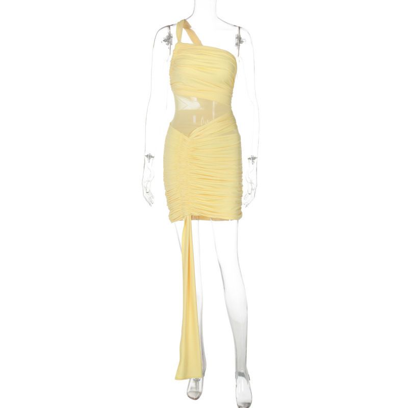 Elegant Fashion One Shoulder Mesh Texture Hip Wrapped Women Dress Elegant Trendy High Quality Mesh Fabric Slim Fit Cocktail Party Dress_ecoleips.com