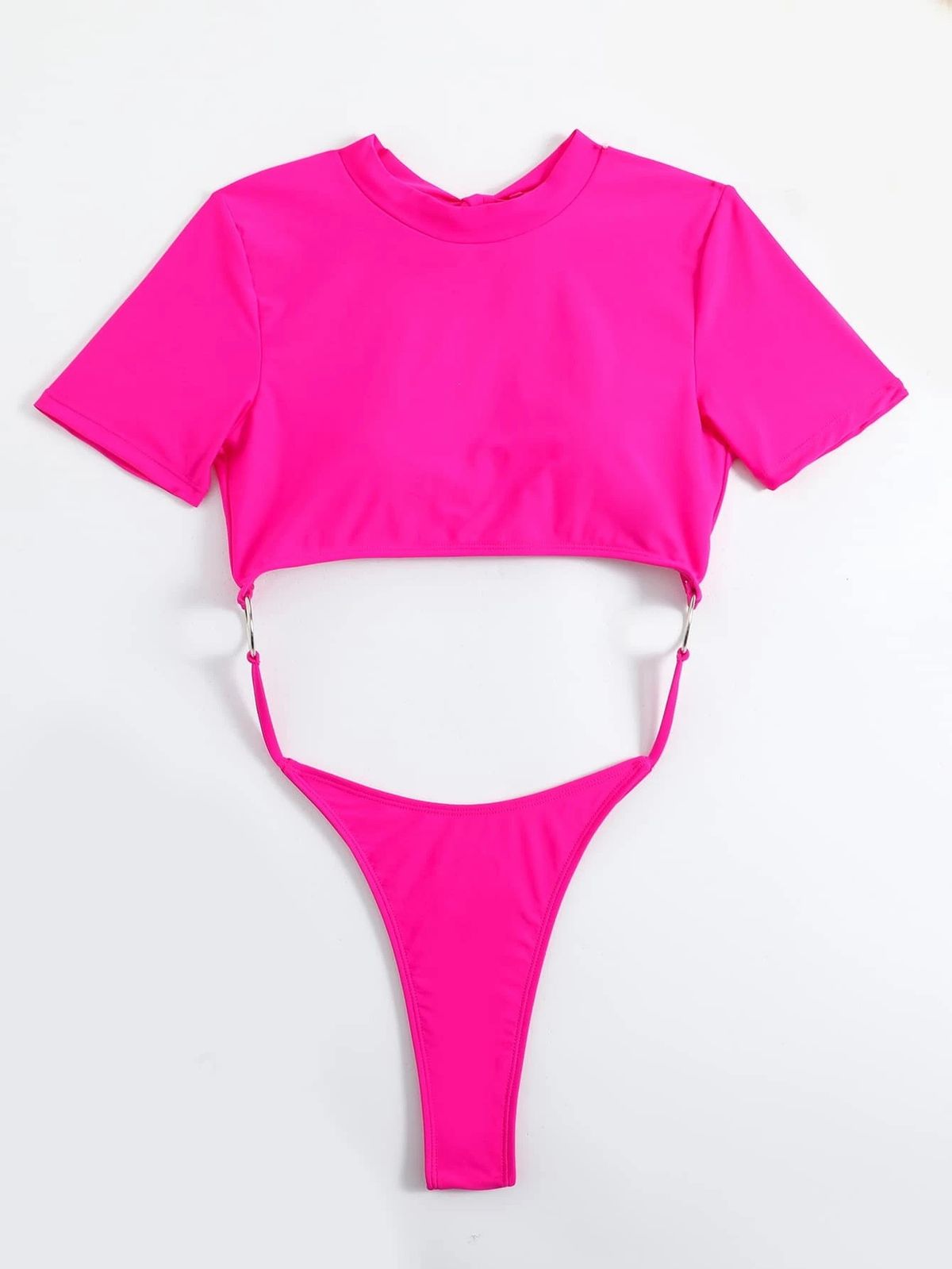 Candy-Toned One-Piece Swimsuit for Women Sexy Midriff Baring Cutout with Thong Back And Short Sleeves Monokini_ecoleips.com