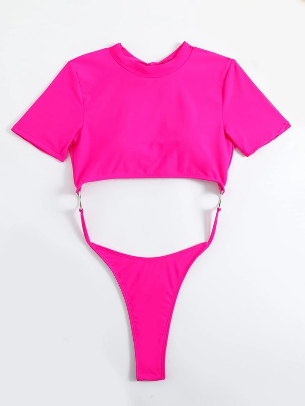 Candy-Toned One-Piece Swimsuit for Women Sexy Midriff Baring Cutout with Thong Back And Short Sleeves Monokini_ecoleips.com