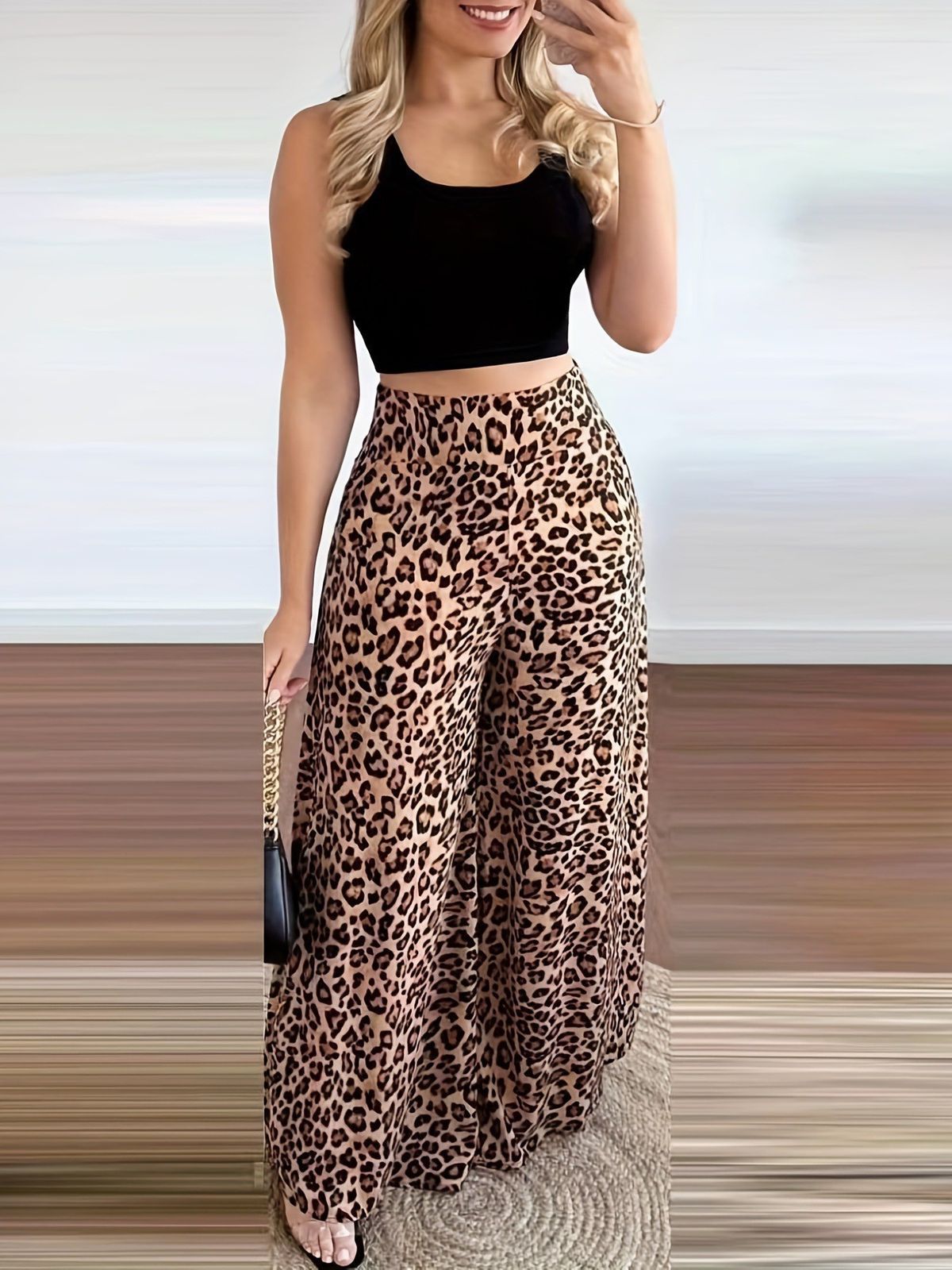 Women's Clothing Spring And Summer Temperament Elegant Printed Waist Baring Vest Leopard Print High Waist Wide Leg Pants Suit_ecoleips.com