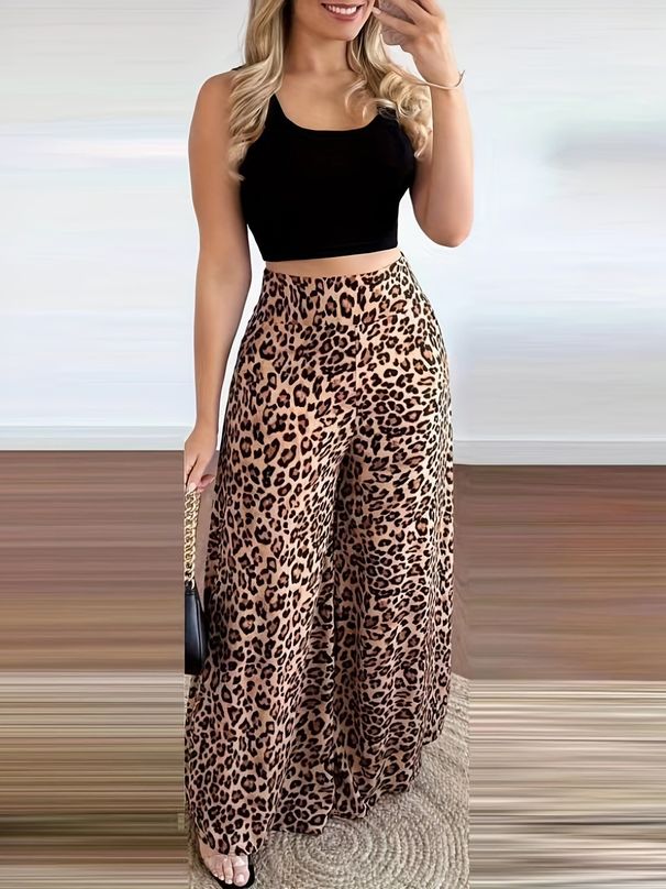 Women's Clothing Spring And Summer Temperament Elegant Printed Waist Baring Vest Leopard Print High Waist Wide Leg Pants Suit_ecoleips.com