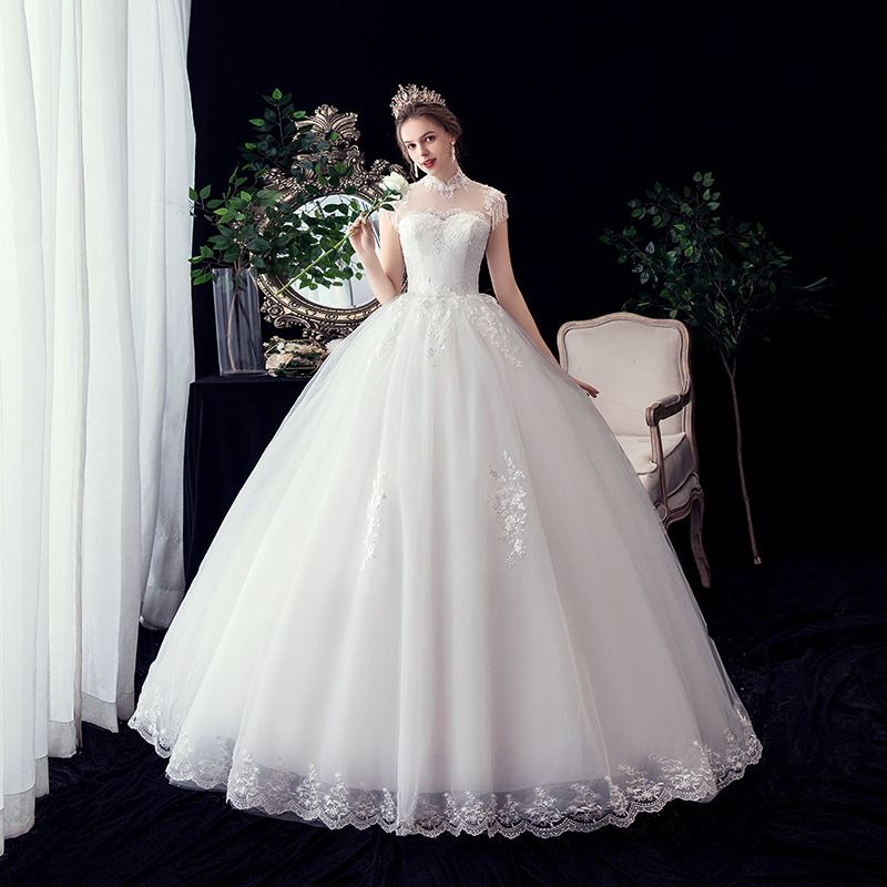 Wedding Dress New Bride Slim Stand Collar Flower One ShoulderLace Wedding Dress_ecoleips.com