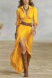 Women's Elegant Long Sleeved Dress European American Style V Neck Waist Cinching Pleated Loose Slit Retro French 2025 New_ecoleips.com