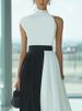 Freeacy High Neck Sleeveless Asymmetric Dress For Women Contrast Color High Waist Pleated Party Dress Ruffled Evening Gowns_ecoleips.com