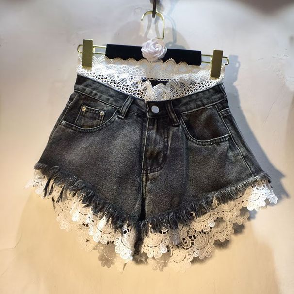 European Station 2026 Summer New Style Patchwork Crochet Lace Trim High-Waisted Slimming Raw Edge Denim Shorts For Women_ecoleips.com