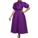 Women Butterfly Knot Pure Color Dress Party High Waist A- Shaped Bubble Sleeve Fiber Mixed Fabric Short Dress_ecoleips.com