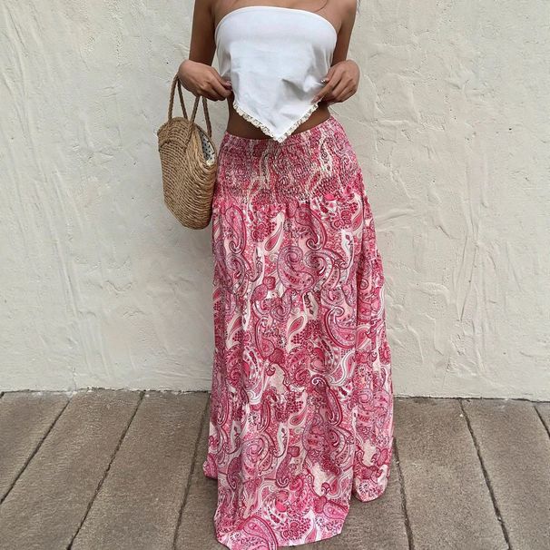 Women's Clothing Elastic Waist High Waist Printed Elastic Waist Skirt Long Skirt_ecoleips.com