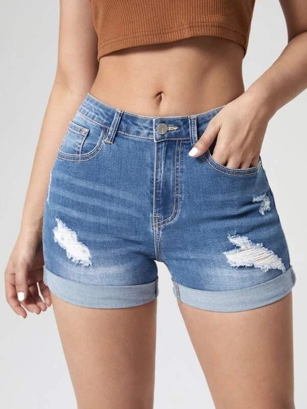 Women's Clothing Trendy Hole Curling High Elastic High Waist Denim Shorts Women's Hot Pants_ecoleips.com