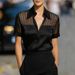 Elegant V-Neck Satin Sheer Striped Short Sleeve Shirt For Office & Casual Wear - Breathable & Stylish_ecoleips.com