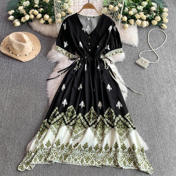 Women's Clothing Ethnic Retro Printed V Neck Short Sleeved Dress For Women In Summer With Drawstring Waist And Slimming Irregular Long Skirt_ecoleips.com