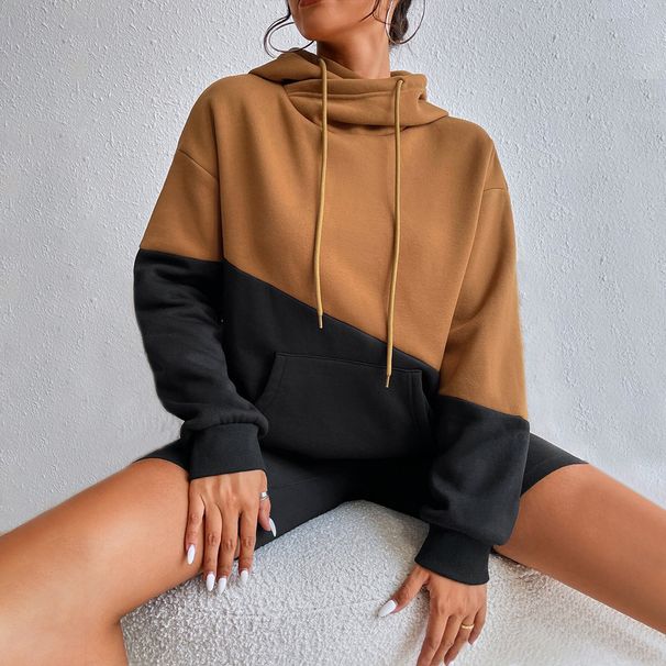 Voya Women's Street Loose Fleece Hoodie With Contrasting Color Design, Hooded Hoodie, Long Sleeved Top_ecoleips.com