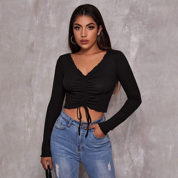 Voya Women's V-neck Long Sleeved T-shirt With A Casual And Minimalist Design For Spring And Summer, As Well As A Base Shirt And Top_ecoleips.com